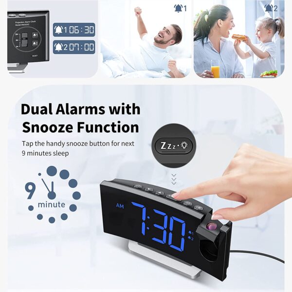 Clock Radios, Projection Alarm Clock with 0-100% Dimmer and FM Radio, Dual Alarm, 5 Alarm Sounds and 3-Level Volume, USB Charger, Clear Readout Digital Alarm Clock for Bedroom, Bedside Clock for Kids - Image 2