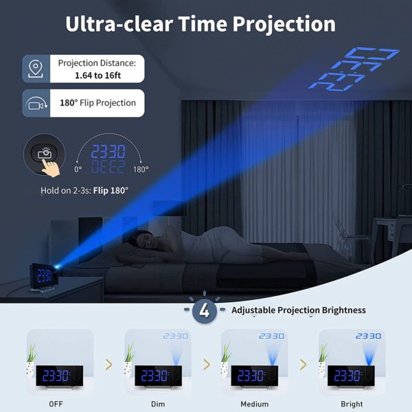 Clock Radios, Projection Alarm Clock with 0-100% Dimmer and FM Radio, Dual Alarm, 5 Alarm Sounds and 3-Level Volume, USB Charger, Clear Readout Digital Alarm Clock for Bedroom, Bedside Clock for Kids - Image 3