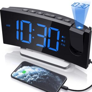 Clock Radios, Projection Alarm Clock with 0-100% Dimmer and FM Radio, Dual Alarm, 5 Alarm Sounds and 3-Level Volume, USB Charger, Clear Readout Digital Alarm Clock for Bedroom, Bedside Clock for Kids