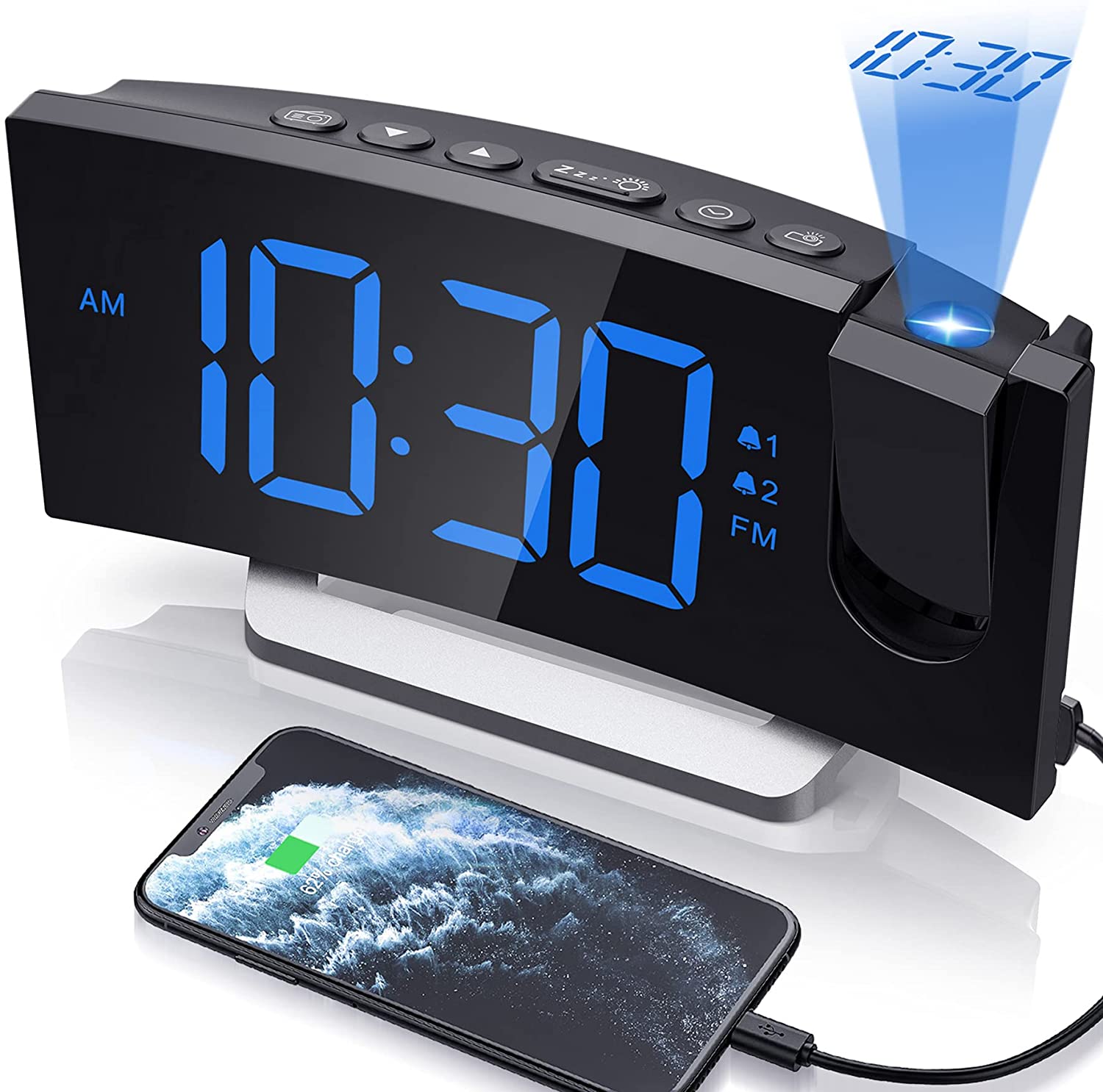 Clock Radios, Projection Alarm Clock with 0-100% Dimmer and FM Radio, Dual Alarm, 5 Alarm Sounds and 3-Level Volume, USB Charger, Clear Readout Digital Alarm Clock for Bedroom, Bedside Clock for Kids