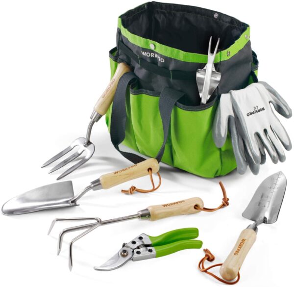 Garden Tools Set, 7 Piece, Stainless Steel Heavy Duty Gardening Tools with Wooden Handle