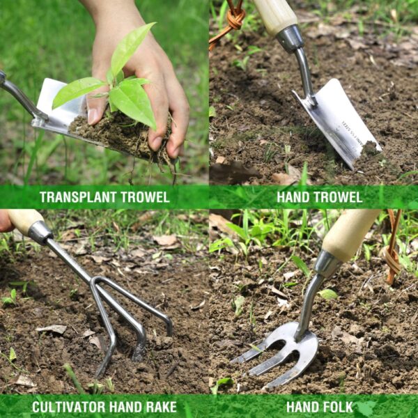 Garden Tools Set, 7 Piece, Stainless Steel Heavy Duty Gardening Tools with Wooden Handle - Image 2